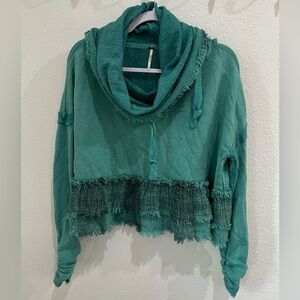 Free People Fringe Boho Boxy Sweater Cowl Neck Western Oversized Green
